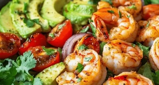 Avocado guacamole salad topped with chili shrimp — a fresh starter course
