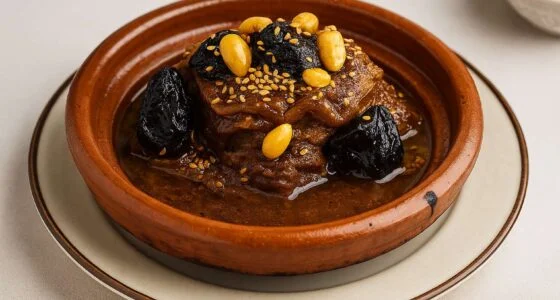 Beef tagine with caramelized prunes and toasted almonds