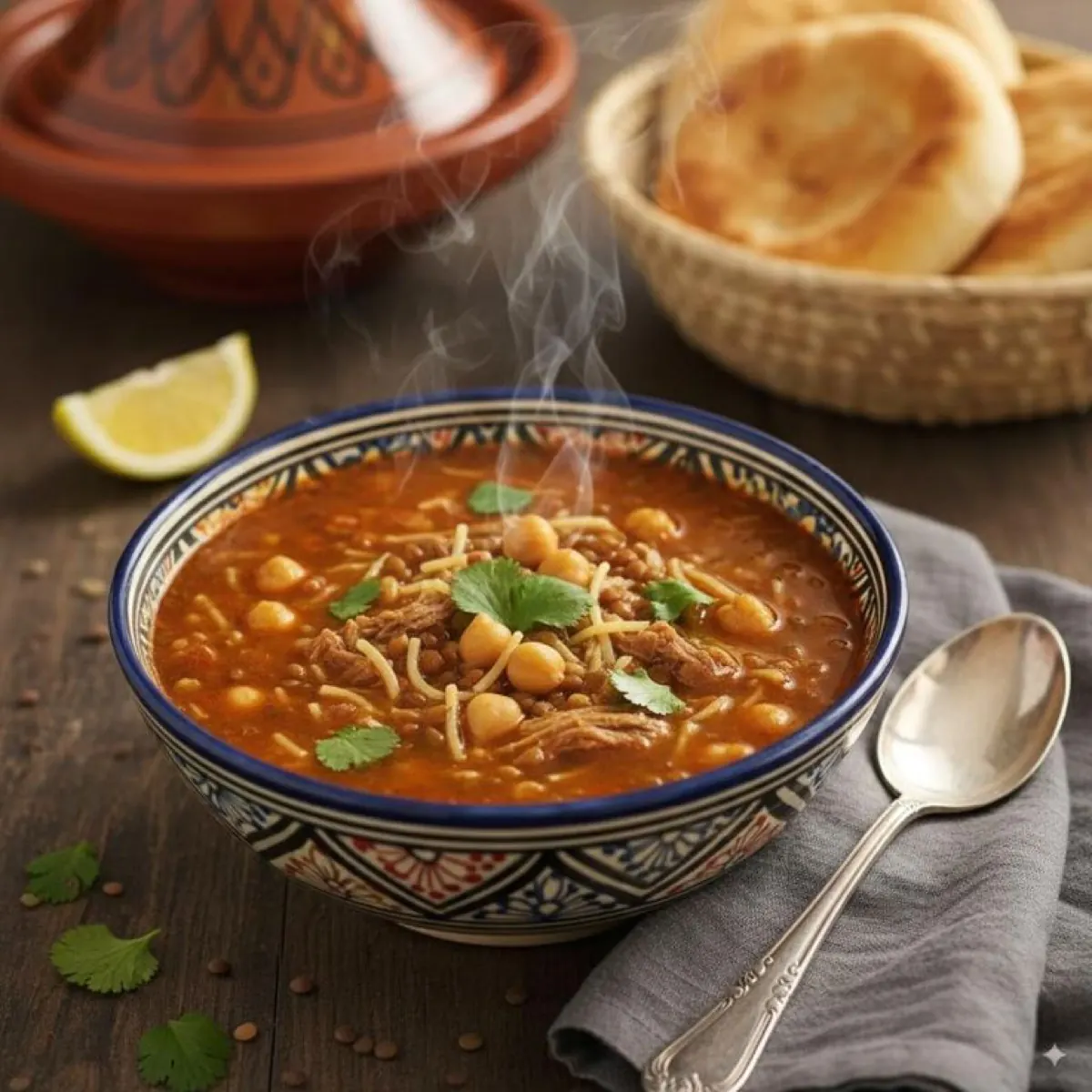 Bowl of Moroccan harira with lentils and chickpeas
