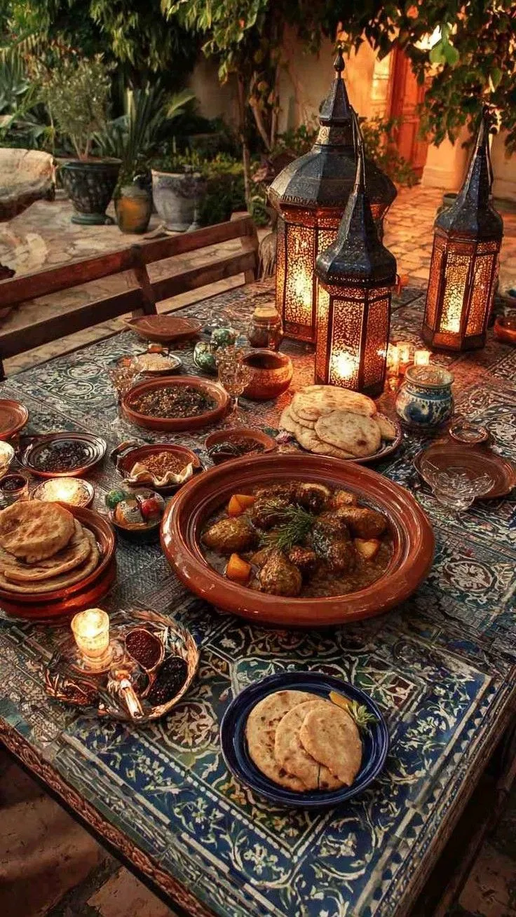 Moroccan feast spread on a candle-lit villa terrace in Marrakech at sunset
